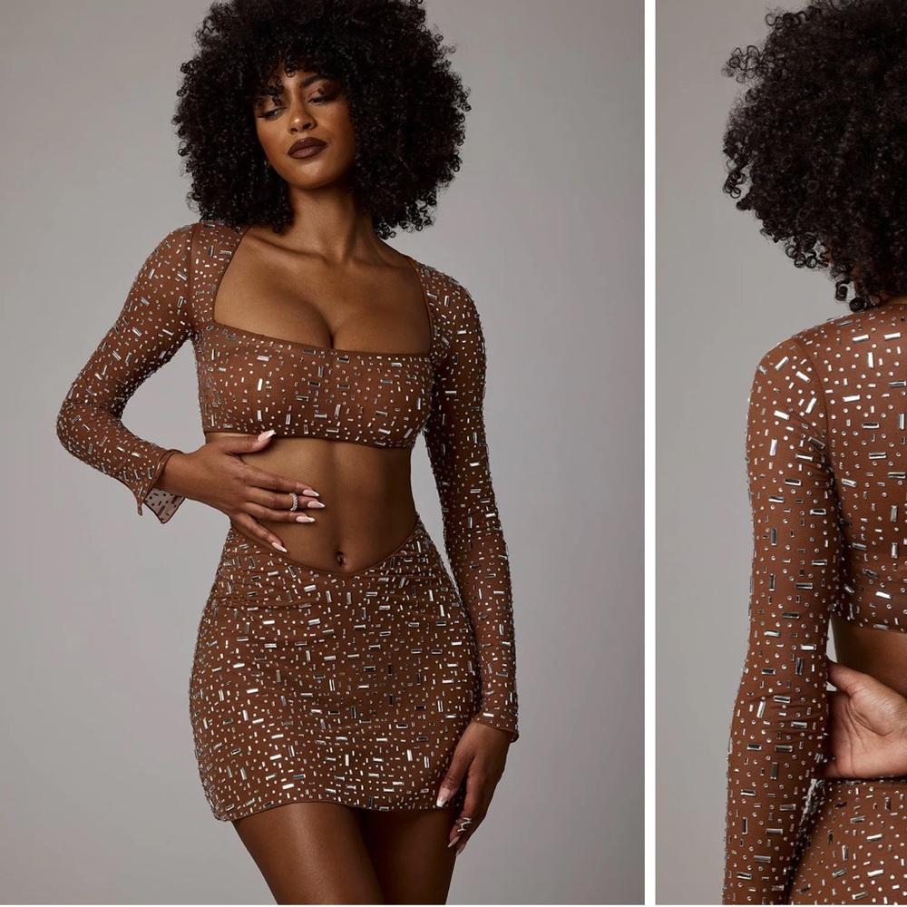 Oh Polly Brown Sheer Long Sleeve Two Piece Set  with Silver Detail
